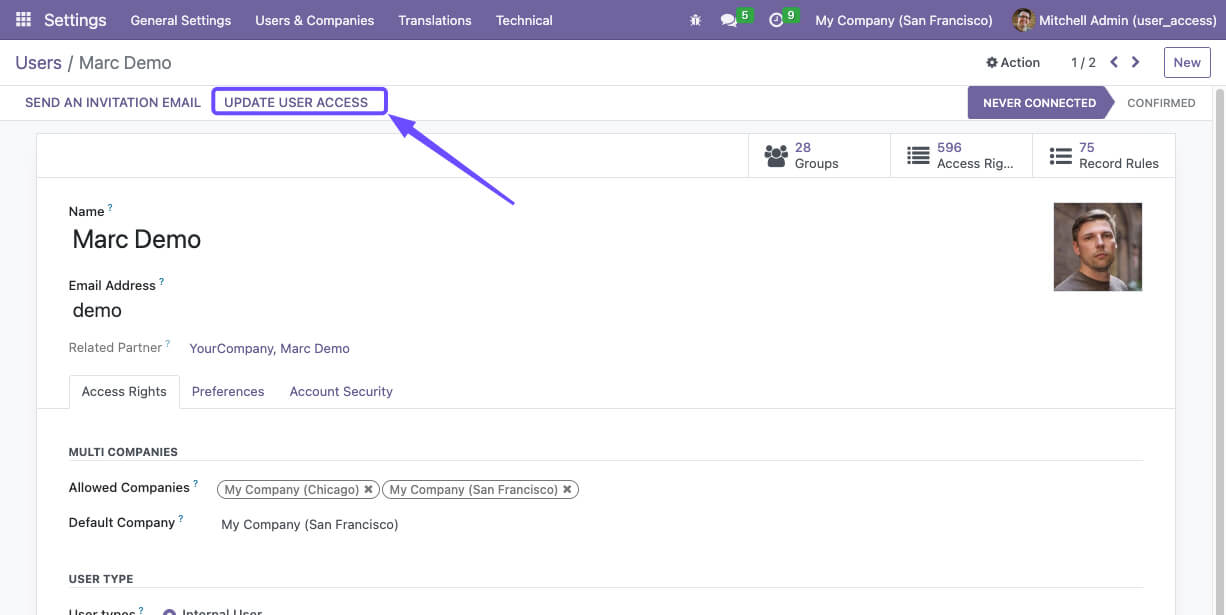 Update User Access Button