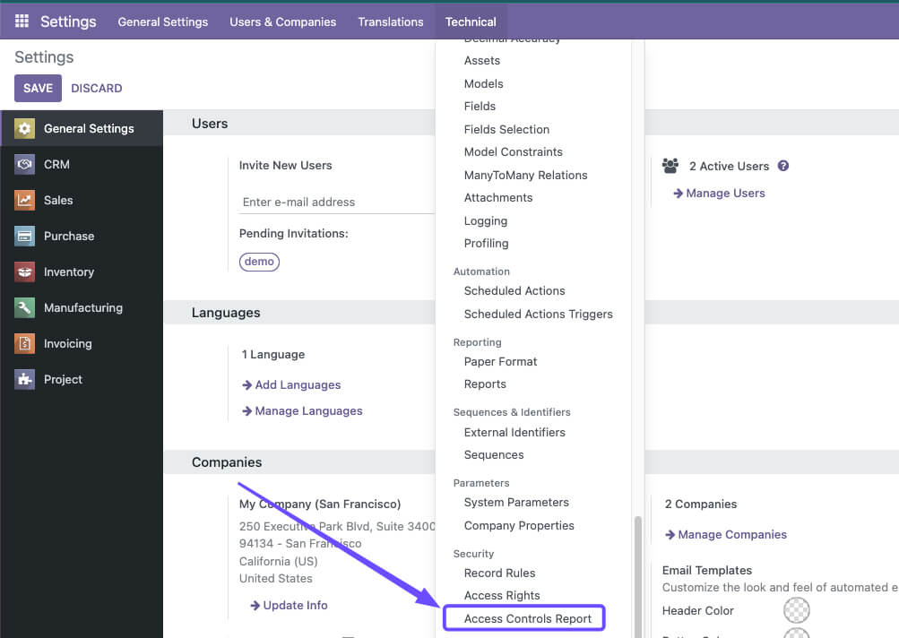 User Access Report Menuitem