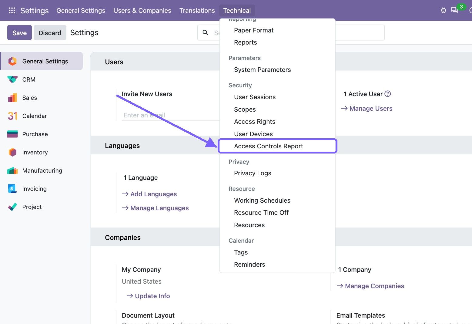 User Access Report Menuitem