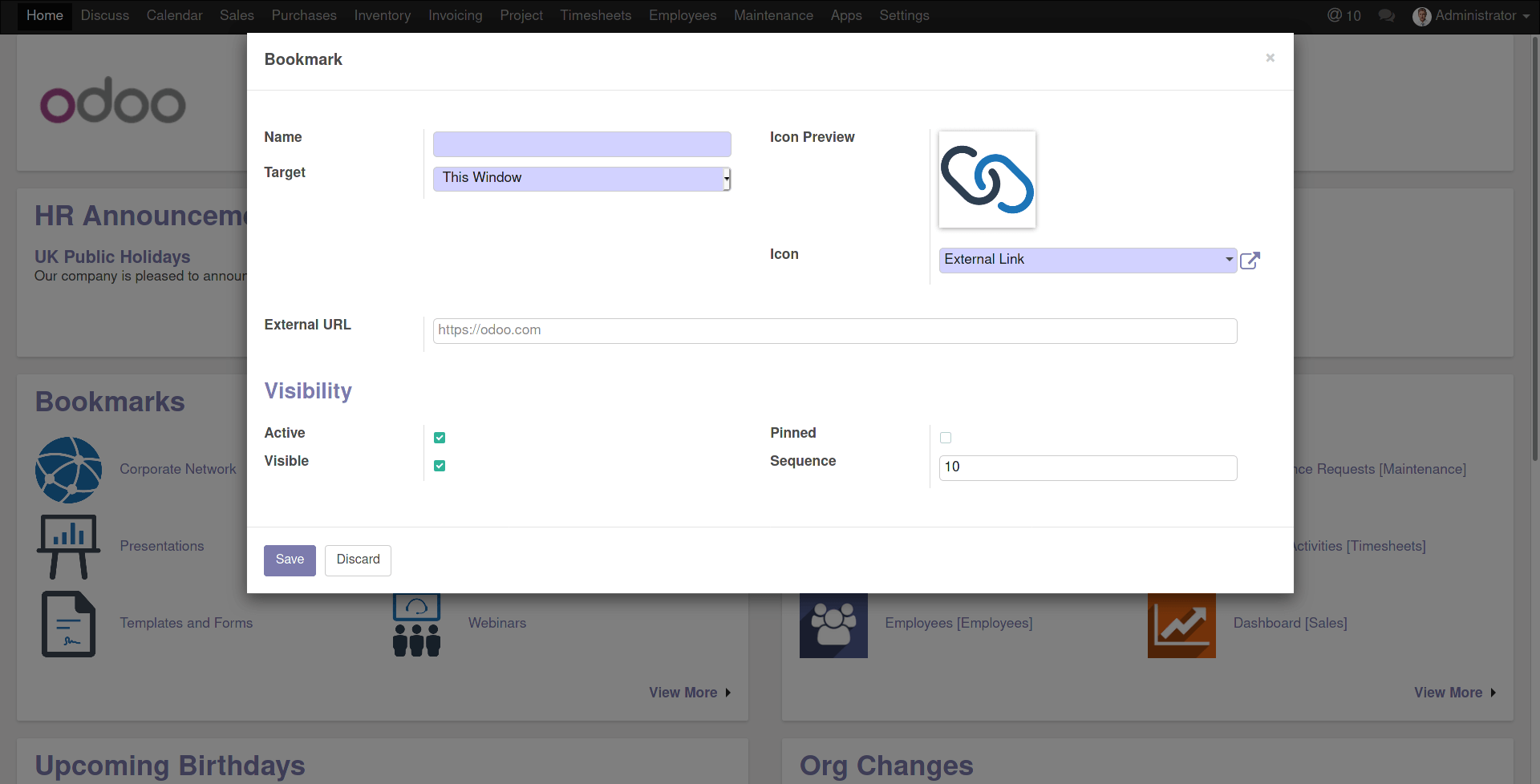 Dashboard Bookmarks Form for User
