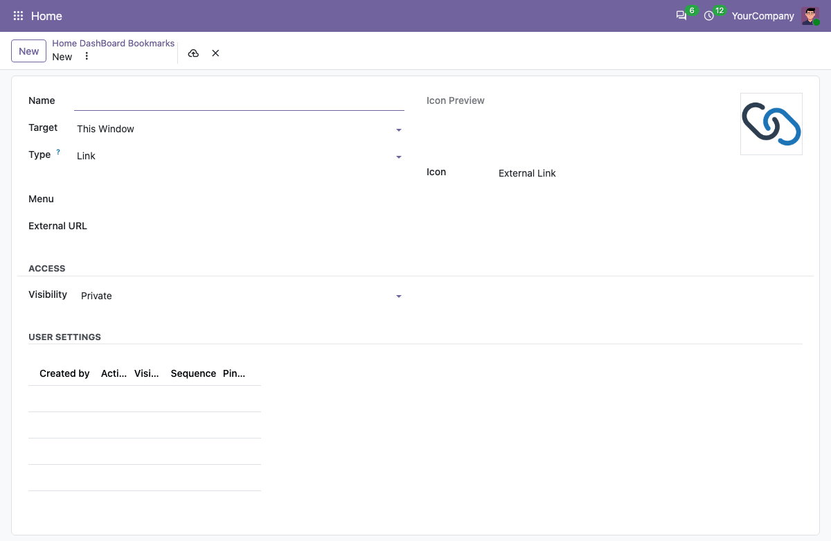 Dashboard Bookmarks Form for Admin