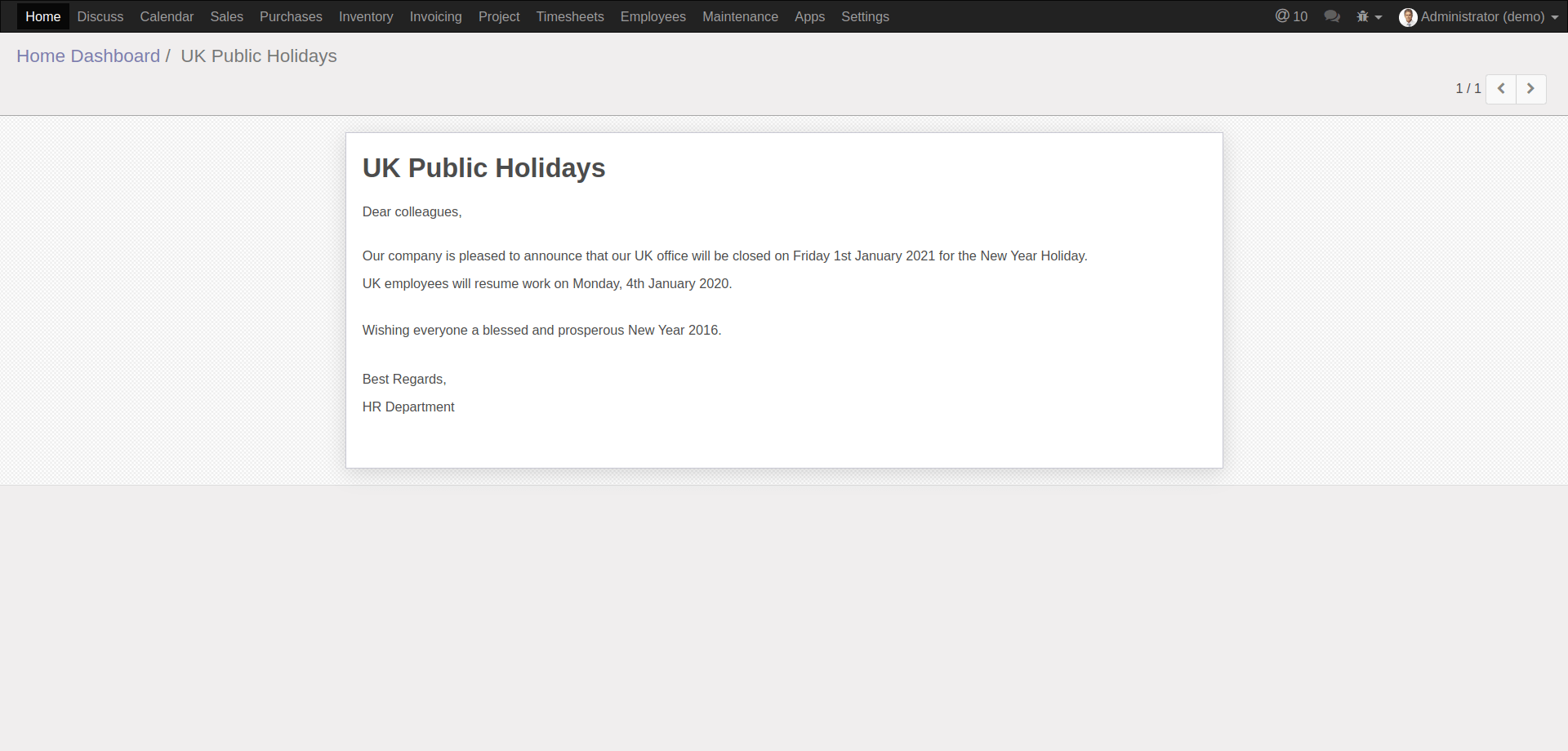 HR Announcement Form User
