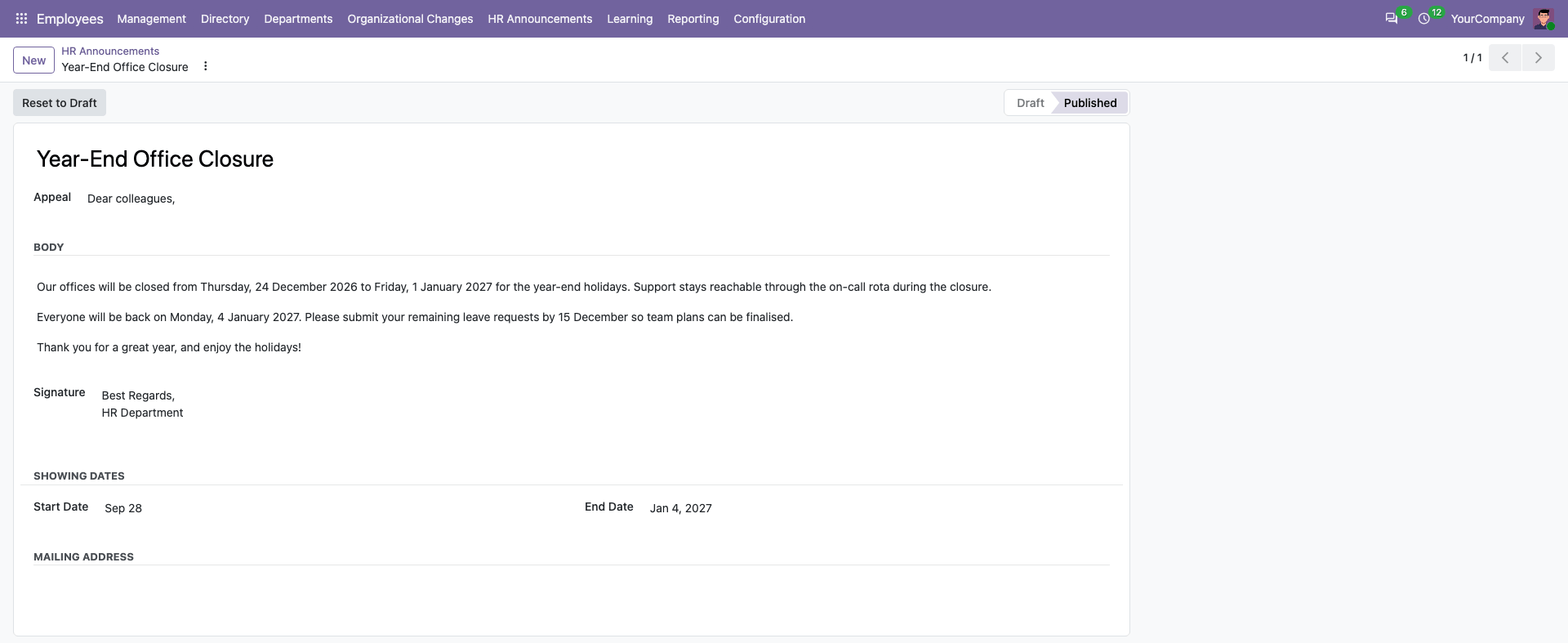 HR Announcement Form Admin