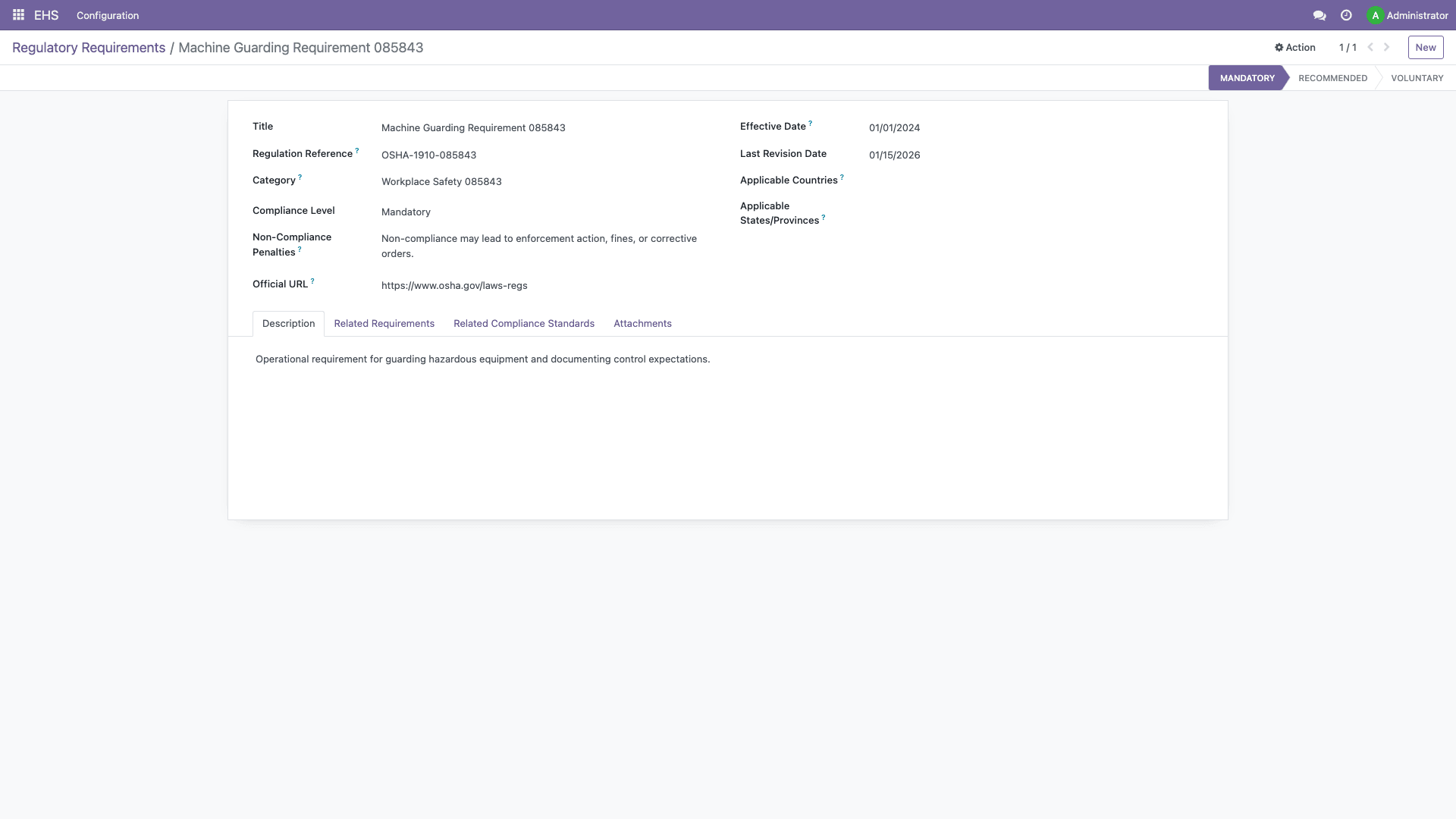 Regulatory requirement form