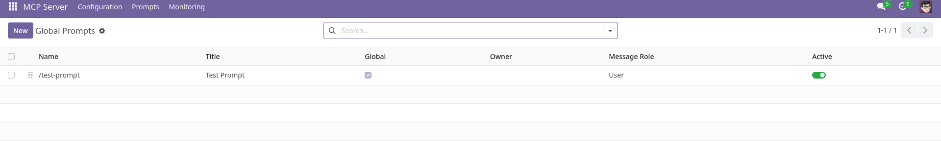 MCP Global Prompts list view showing prompt templates with their names, titles, roles, and active status