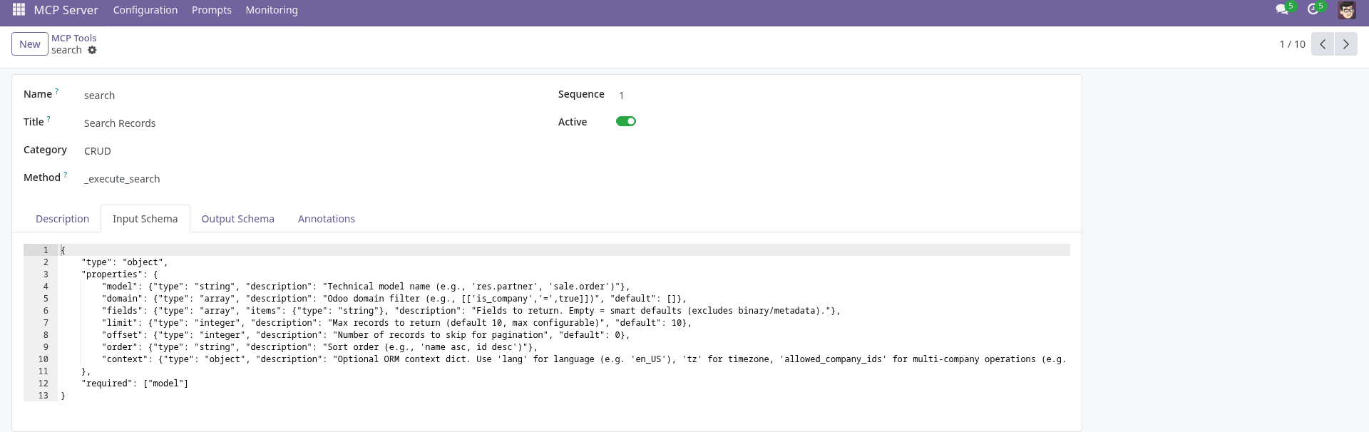 MCP Tool form view showing the 'search' tool with its JSON Schema input definition, description, method name, and category fields