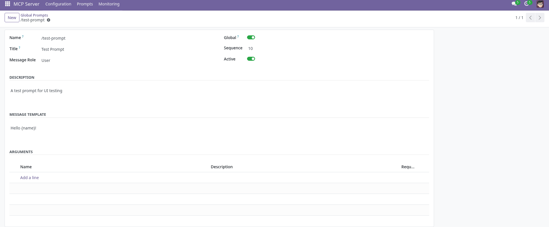 MCP Prompt form view showing a prompt template with message template field, argument list, global/personal toggle, and role selection
