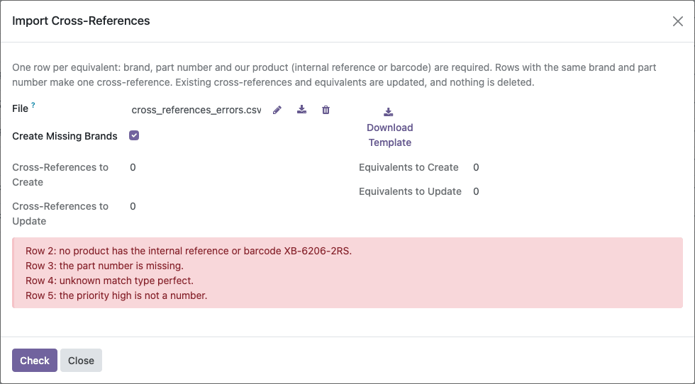 Import check with errors by row