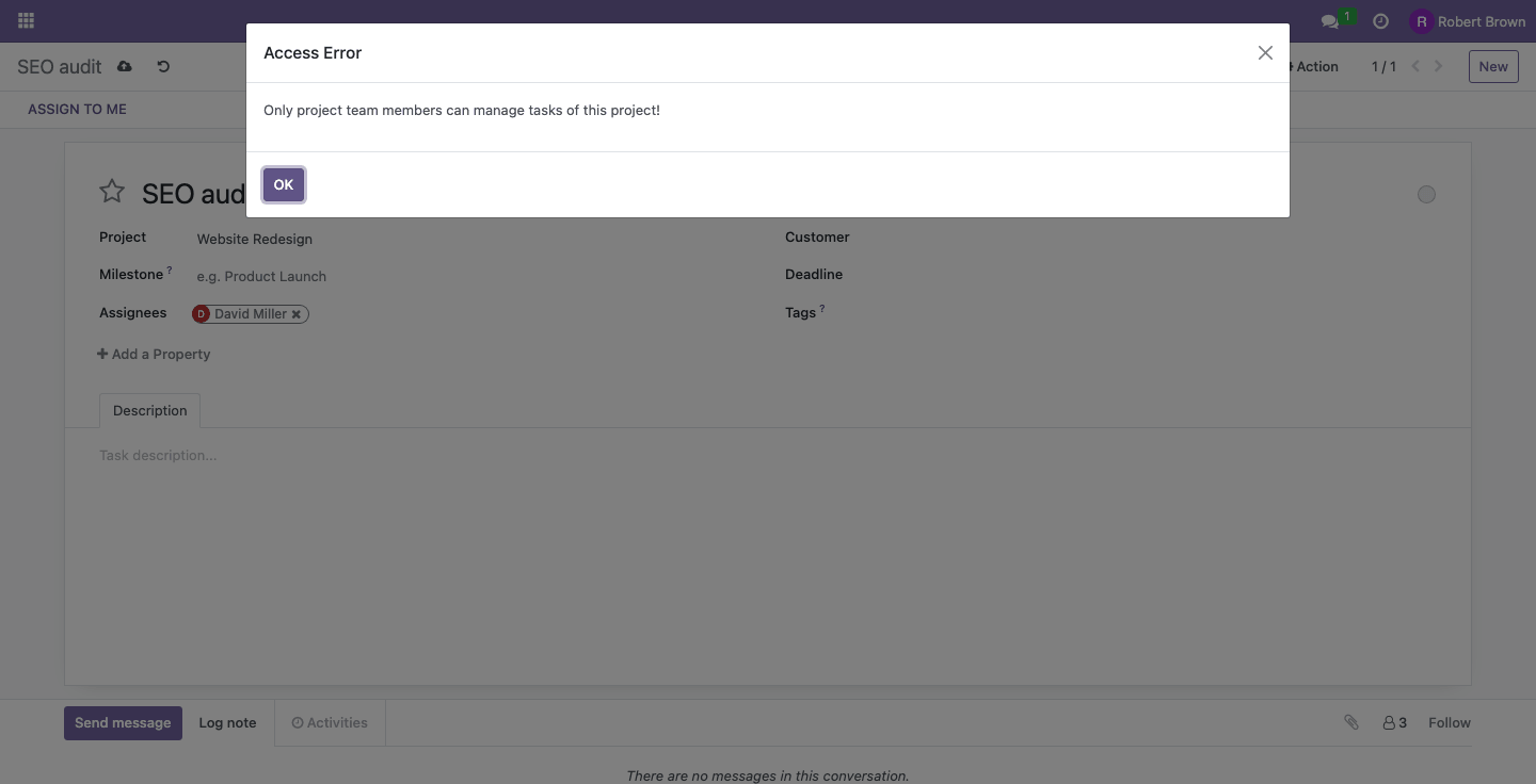 Access error for a user outside the team