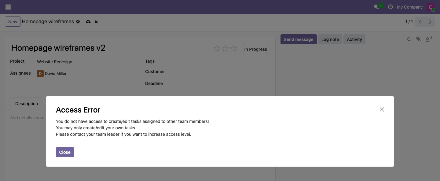 Access error for a member with an insufficient access level