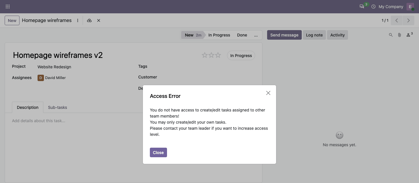 Access error for a member with an insufficient access level