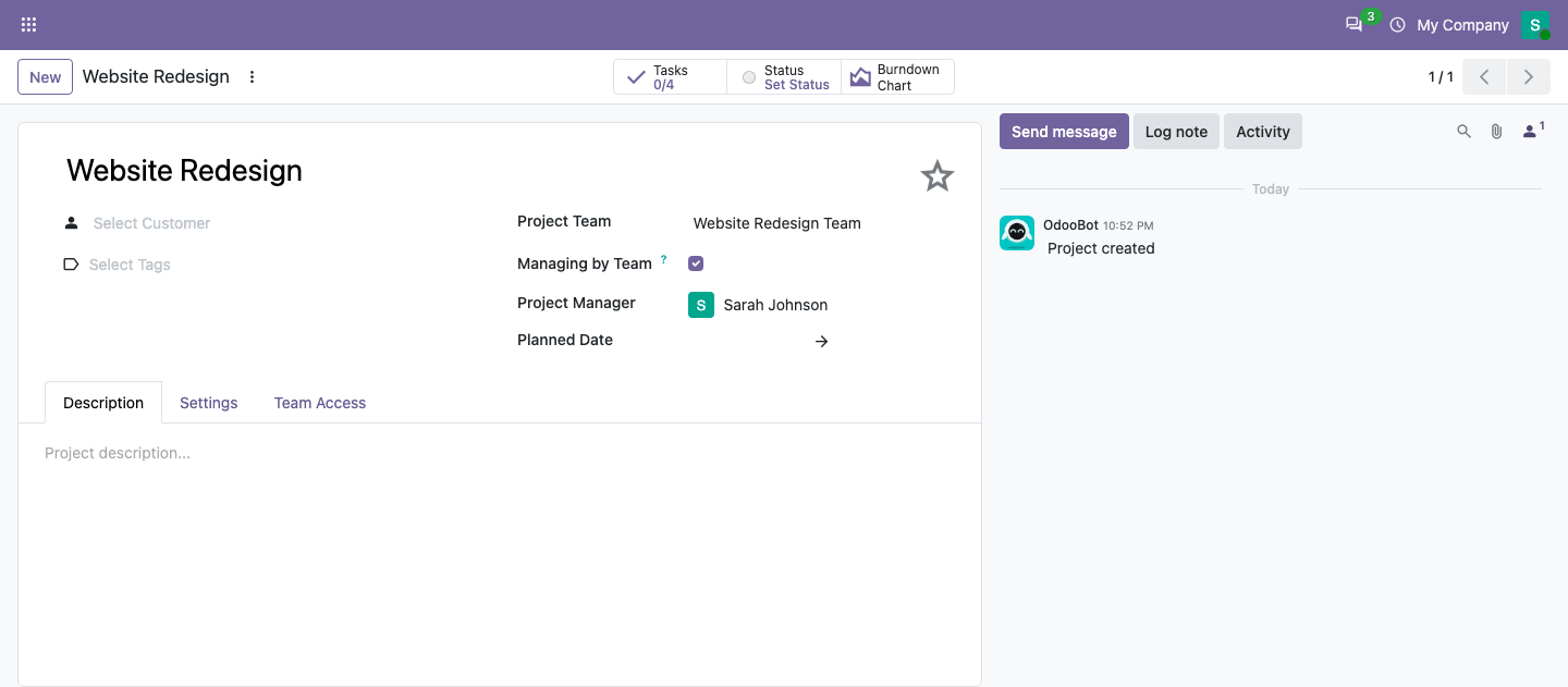 Project form with team and Managing by Team option